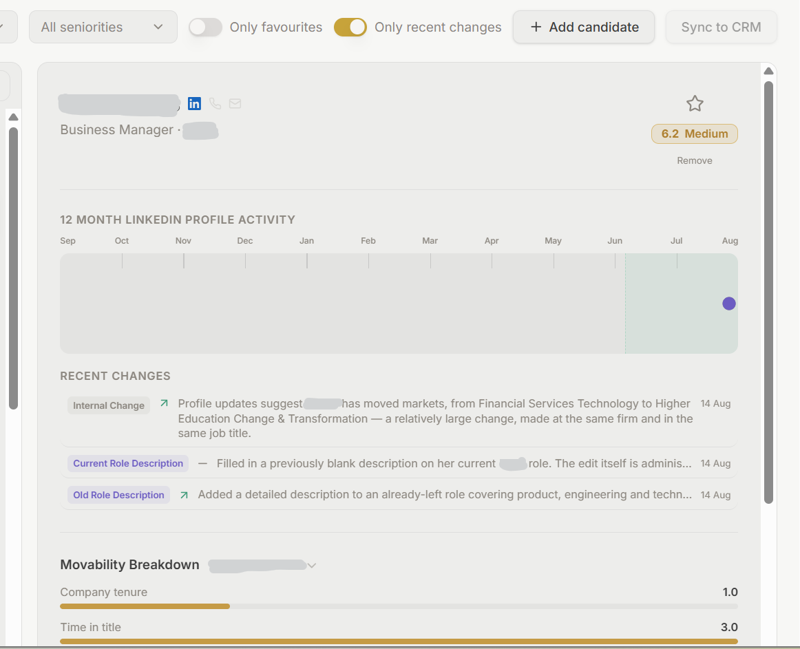 Lars dashboard showing an internal role change and recent LinkedIn activity for a tracked candidate