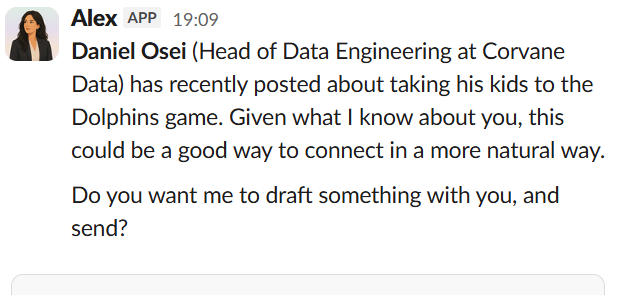 Alex in Slack suggesting a natural way to connect with a hiring manager based on a recent personal post