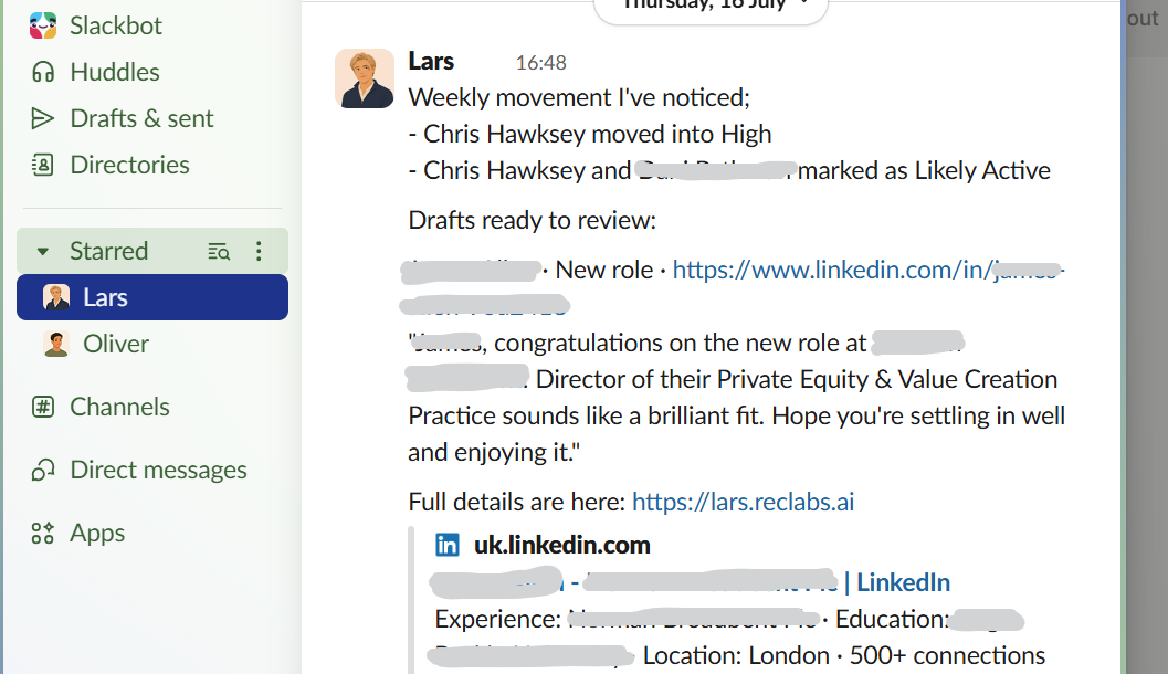 Lars sharing drafted outreach messages for review in Slack