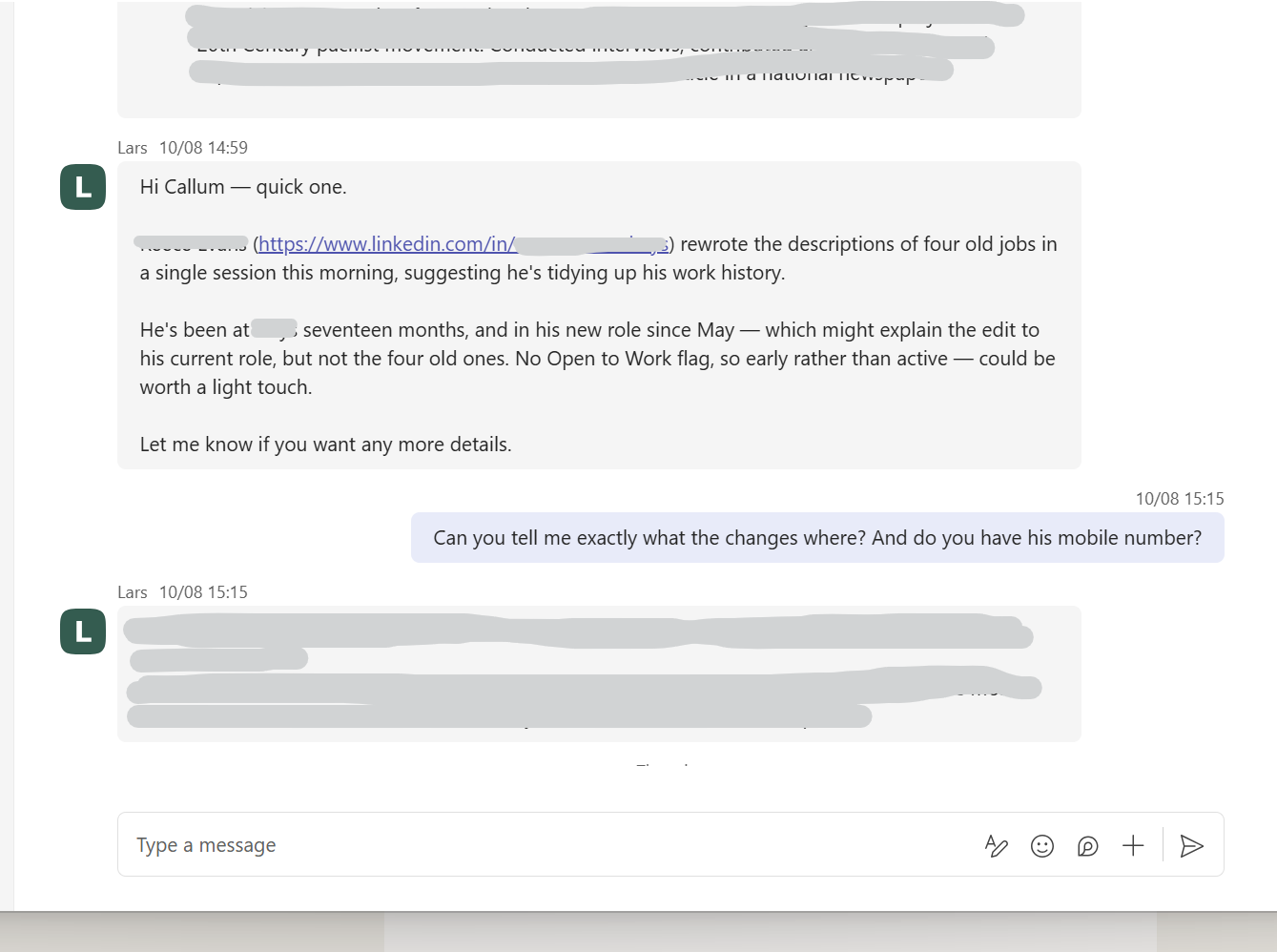 Lars alerting a consultant to a candidate quietly refreshing old job descriptions on LinkedIn