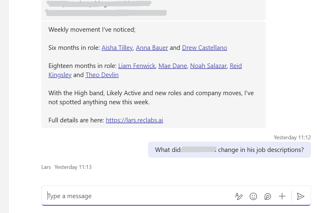 Lars alerting a consultant to candidates hitting career-tenure milestones, in Teams